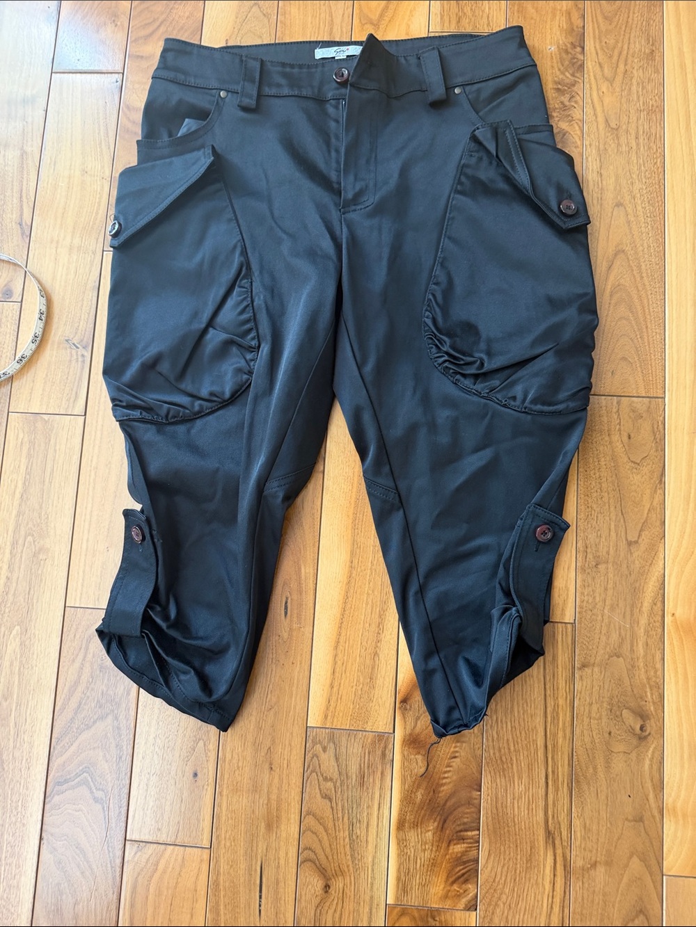 Black Cargo Capri Pants with Button Tab Hem